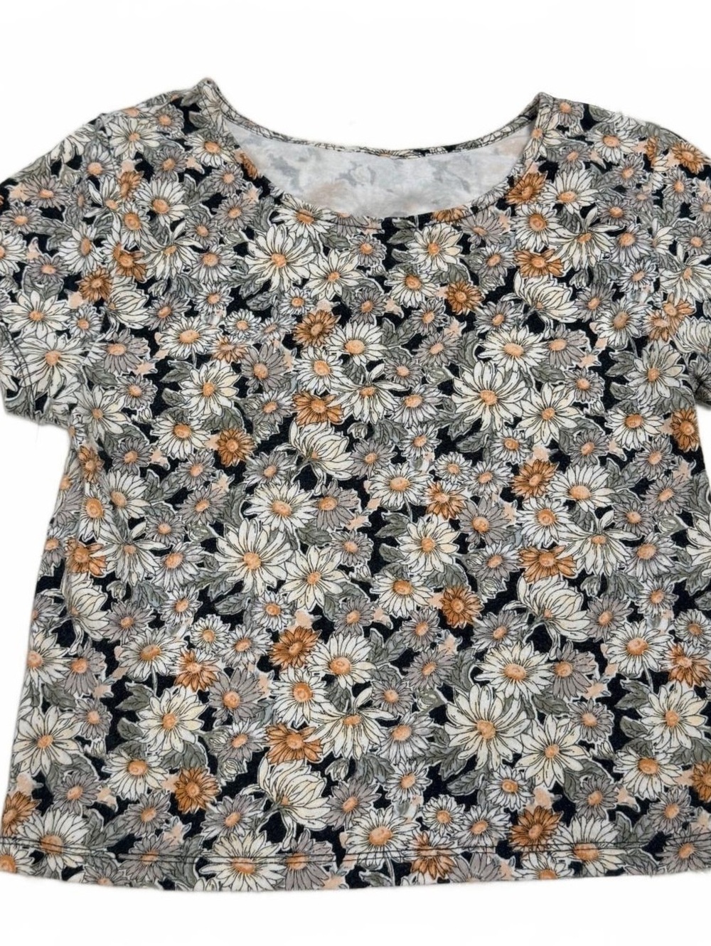 Floral Print Short Sleeve crop Top Black Beige
